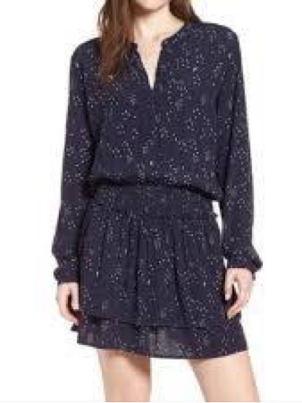 Rails Juliette Navy Blue Long-Sleeve Tiered Dress with White Dot Print